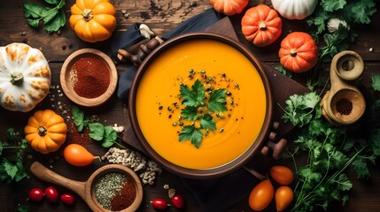 Pumpkin soup with vegetarian cooking ingredients, wooden spoons, kitchen utensils on wooden background. Top view. Vegan diet. Autumn harvest. Healthy, clean food and eating concept. AI Generative - obrazy, fototapety, plakaty