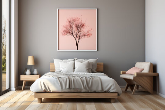 Gem&uuml;tliches Schlafzimmer mit Doppelbett im skandinavischen Stil, mit Holzfu&szlig;boden und &uuml;ber dem Bett eine gro&szlig;e Illustration in Rosa in einem wei&szlig;en Bilderrahmen an grauer Wand. 