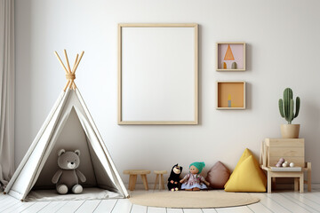 Kinderzimmer mit Spielzelt im skandinavischen Stil, mit großen, leeren Bilderrahmen für Posterpräsentation. - 638896566