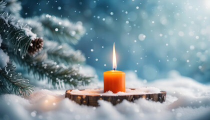 Winter christmas candle with snow and copy space - obrazy, fototapety, plakaty