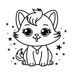 Cute cat coloring page for kids. Cartoon fluffy cat illustration.