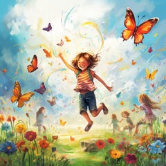 Obraz na płótnie Canvas Children Chasing Colorful Butterflies in the Garden