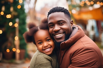 Portrait of a happy young african father hugging his daughter while spending time together in the park