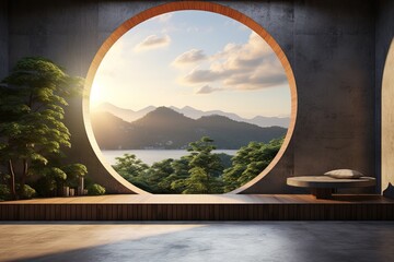 Obraz na płótnie Canvas Modern circular window frames scenic nature view in minimalist concrete interior.