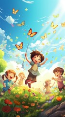 Obraz na płótnie Canvas Children Chasing Colorful Butterflies in the Garden