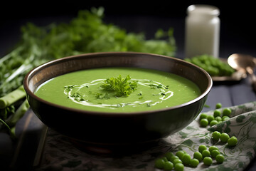 Pea Soup green soup with tender peas and herbs