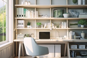 Fototapeta na wymiar Minimalist home office with sleek furniture, cozy chair, and innovative tech elements.
