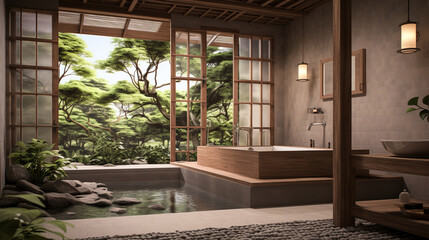 A Tranquil Japanese Bathroom with Natural Materials - obrazy, fototapety, plakaty