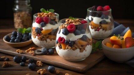 yogurt with fruits and berries and  Granola. a dessert in a glass with fruit on top  Generative AI