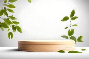 Round wooden podium on blurred leaf white background