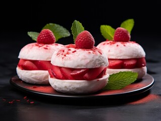 Strawberry-filled mochi, garnished with fresh mint leaves on a dark slate background