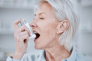 Senior woman, asthma inhaler and pump for pharmaceutical product, health and care. Elderly patient,...
