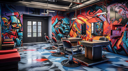 Barbershop Decorated with Graffiti Art - obrazy, fototapety, plakaty