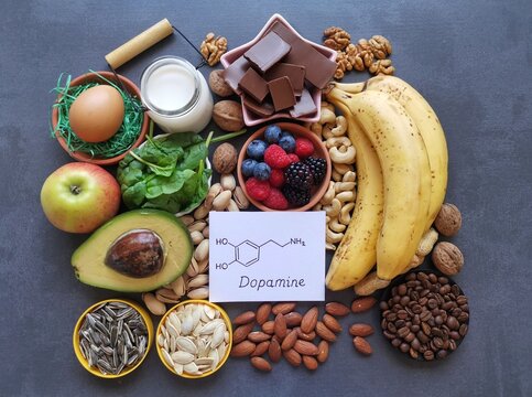 Dopamine-boosting food with structural chemical formula of dopamine. Food for good mood and happiness. Healthy foods that may help boost dopamine. Natural sources of hormone dopamine. Brain super food