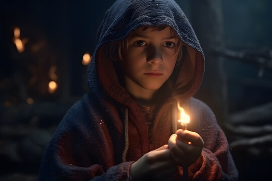 A young wizard with a magical wand and robes, conjuring sparks of light in their hands. Halloween theme, cinematic lighting. Generative AI