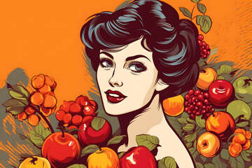 Beautiful woman with autumn fruits, colorful retro post-card in pop-art style. generative AI
