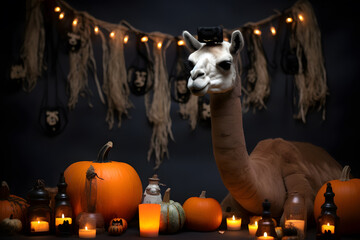 Spooky portrait of an alpaca in a Halloween setup in studio, dramatic lighting. Created with generative AI