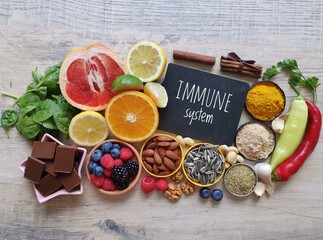 Assortment of food to naturally boost immune system. Healthy eating for strong immune system....