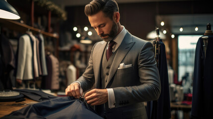 A men's suit tailor, making adjustments to a suit or men's coat. Well dressed gentleman, of a custom tailored suit shop. bespoke formal clothing.
