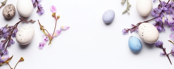 Colorful easter eggs in nest with flowers on bright marble white table