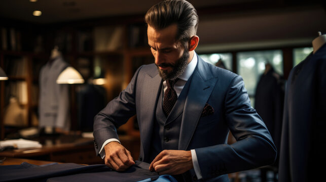A men's suit tailor, making adjustments to a suit or men's coat. Well dressed gentleman, of a custom tailored suit shop. bespoke formal clothing.
