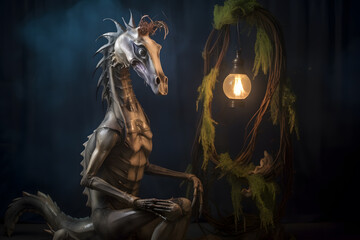 Obraz na płótnie Canvas Spooky portrait of an evil seahorse in a Halloween setup in studio, dramatic lighting. Created with generative AI