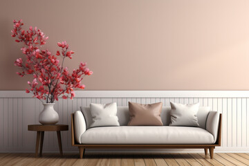 Blick auf ein elegantes Sofa mit drei Kissen, daneben kleiner Tisch mit weißer Vase und blühenden Zweigen vor roséfarbener Wand mit viel Textfreiraum. - 638901318