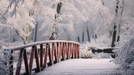 A snowy, frosty winter walking bridge.
