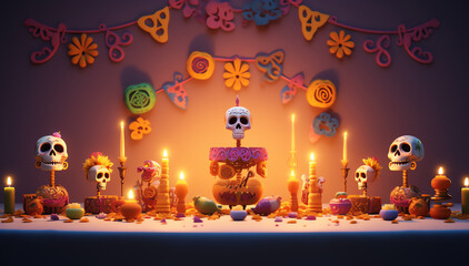 Colorful Dia de los muertos celebration, mexican holiday Day of Dead, skull ornaments