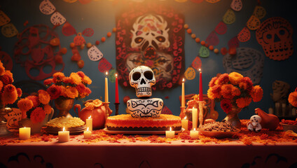 Colorful Dia de los muertos celebration, mexican holiday Day of Dead, skull ornaments