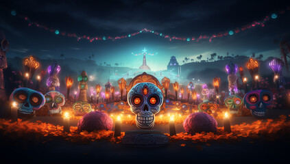 Colorful Dia de los muertos celebration, mexican holiday Day of Dead, skull ornaments