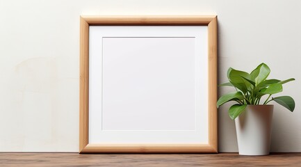 Fototapeta na wymiar Empty frame on a light brown wall for mockups. Picture frame in plain color for mock-ups of all kinds of art, photograph or image. Minimalistic decoration for a very good product view.
