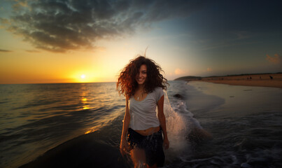 Beach portrait of sensual woman walking on beach at sunset, Generative AI illustration