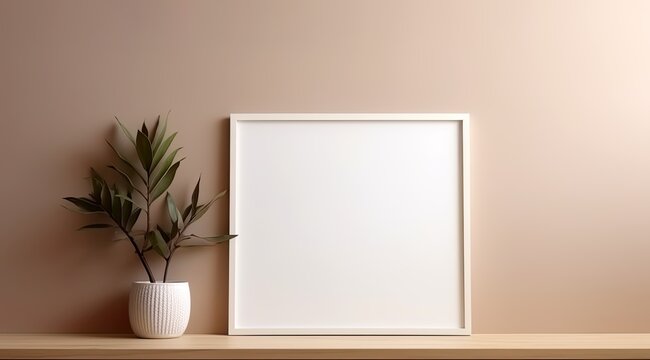 Empty frame on a light brown wall for mockups. Picture frame in plain color for mock-ups of all kinds of art, photograph or image. Minimalistic decoration for a very good product view.