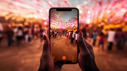 Woman taking picture of people at music festival, Generative AI illustration