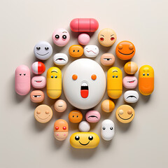 Pills with faces on them, Generative AI illustration