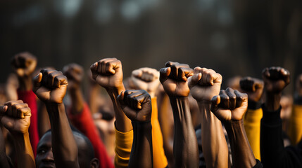 Fototapeta na wymiar Multi ethnic people raising their fists up in the air, Generative Ai illustration