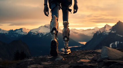Overcoming life obstacles concept with disabled man with prosthetic legs hiking in the mountain, Generative Ai illustration