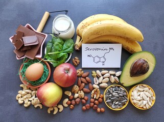 Serotonin-boosting foods. Assortment of food for good mood and happiness. Healthy foods that may help boost serotonin. Natural food sources of serotonin with structural chemical formula of serotonin.