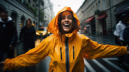 Fototapeta premium Happy woman standing in the street in orange rain coat, Generative Ai illustration