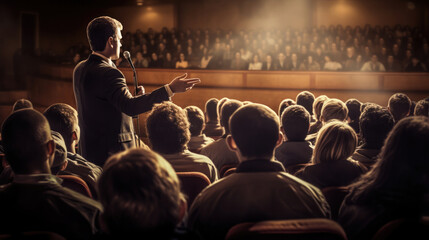 A speaker giving a lecture to an audience in an auditorium, or hall. A seminar. Hand edited