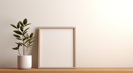 Empty frame on a light brown wall for mockups. Picture frame in plain color for mock-ups of all kinds of art, photograph or image. Minimalistic decoration for a very good product view.