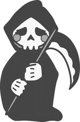 可愛くデフォルメした悲しんでいる死神のモノクロイラスト