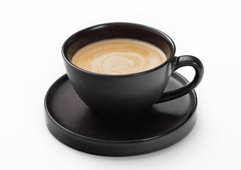 Cup and saucer with black fresh hot creamy coffee drink on white background.