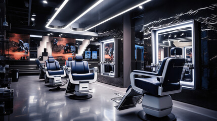 Barbershop with a Futuristic Aesthetic - obrazy, fototapety, plakaty