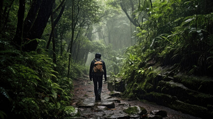 A trekker in the rain forest, in the rain, with difficulty