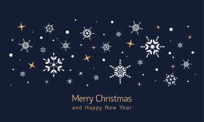 Blue christmas card with white snowflakes, marry christmas and happy new year