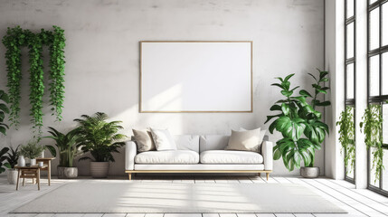 interior in a modern style,empty frame on the white wall, light colors, natural materials,big room space and a lot of light, cozy, lots of home plants,copy space, mockup