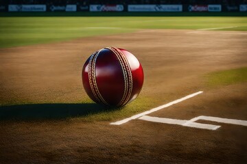 a cricket ball resting on the pitch, with the seam and texture beautifully highlighted - obrazy, fototapety, plakaty