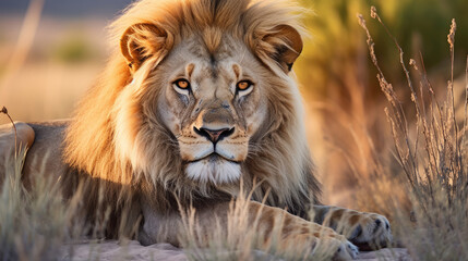 Big male African lion (Panthera leo) lying in the grass, Etosha National Park, Namibia, southern Africa
